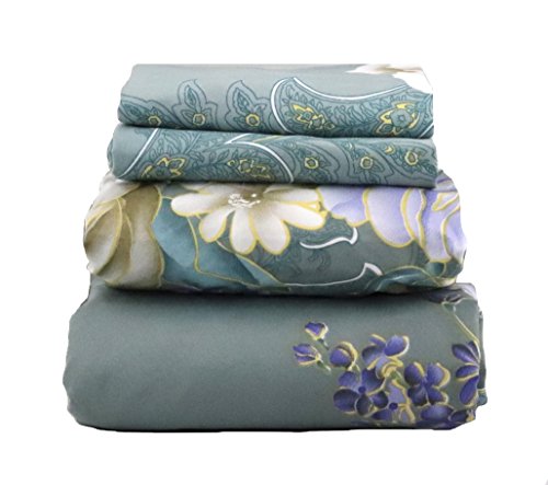 JAYCORNER 1800 Series Super Soft Egyptian Comfort 4pcs Sheet Set Blue White Floral on Eucalyptus Green (King)