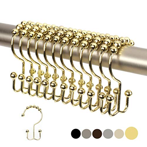 Book Cover 2lbDepot Shower Curtain Rings Hooks - Gold Finish - Premium 18/8 Stainless Steel - Double Hooks with Easy-Glide Rollers - Six Finishes Available - Set of 12 for Shower Rods