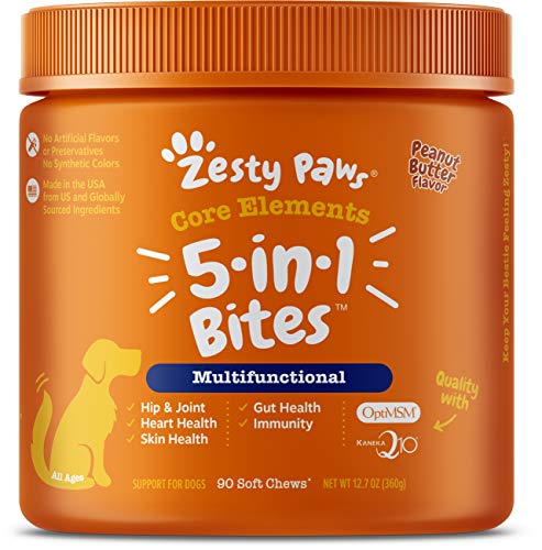 Book Cover Zesty Paws No Grain Multifunctional Supplements for Dogs - Glucosamine Chondroitin for Joint Support with Probiotics for Gut & Immune Health â€“Fish Oil with Antioxidants for Skin & Heart Health 90ct