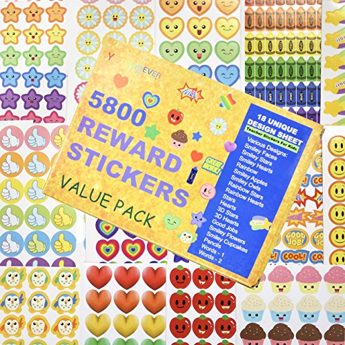 5800 pcs Teacher Stickers for Kids, Reward Stickers Mega Variety Pack, Incentive Stickers for Teacher Supplies Classroom Supplies, 18 Design Styles Including 3D Heart, face, Star, owl, Cupcake