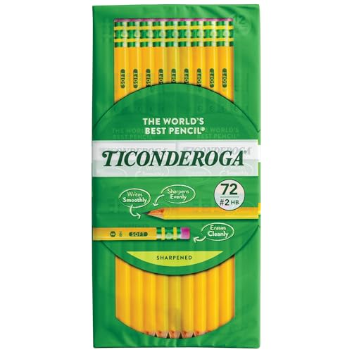 TICONDEROGA Pencils, Wood-Cased #2 HB Soft, Pre-Sharpened with Eraser, Yellow, 72-Pack (13972)
