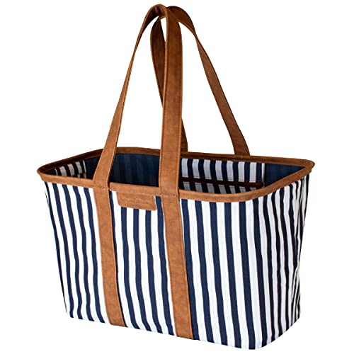 CleverMade 30L SnapBasket LUXE - Reusable Collapsible Durable Grocery Shopping Bag - Heavy Duty Large Structured Tote, Navy Striped
