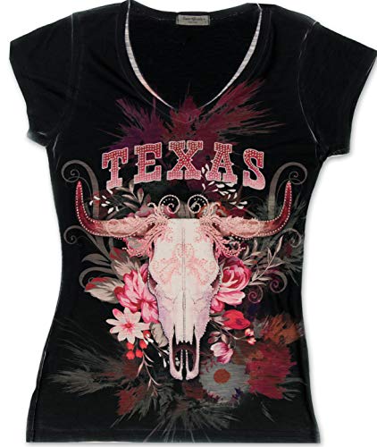 Made in USA - Texas Western Cow Skull Floral 3D Womens V T-Shirt with Rhinestones