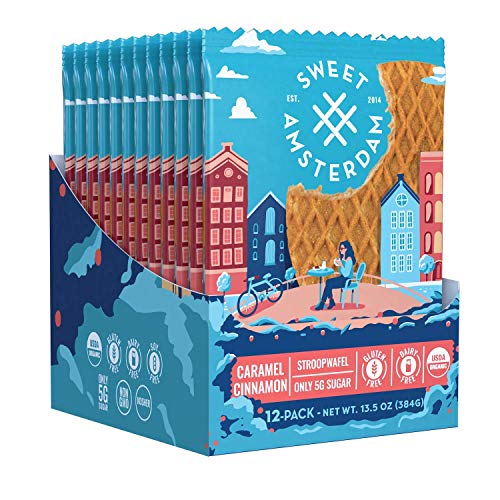 Sweet Amsterdam Stroopwafel Cookies | Gluten Free, Dairy Free, Low Sugar Organic Waffle Snacks | Healthy Biscuits & Wafer Snacks | Caramel Cinnamon | 12-PACK