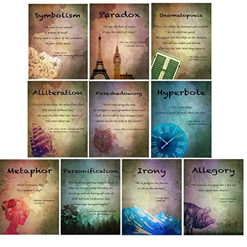 Vintage Elements of English Language and Literature Posters, Set of 10 (Onomatopoeia, Paradox, Personification, Irony, Allegory, Metaphor, Symbolism, Foreshadowing, Alliteration, and Hyperbole)