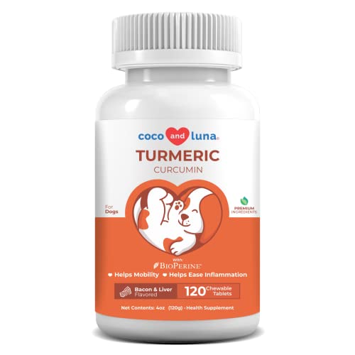 Book Cover Turmeric for Dogs, Curcumin and BioPerine Anti Inflammatory Supplement, Antioxidant, Promotes Pet Mobility and Pain Relief, Prevents Joint Pain and Inflammation, 120 Natural Chew-able Tablets.