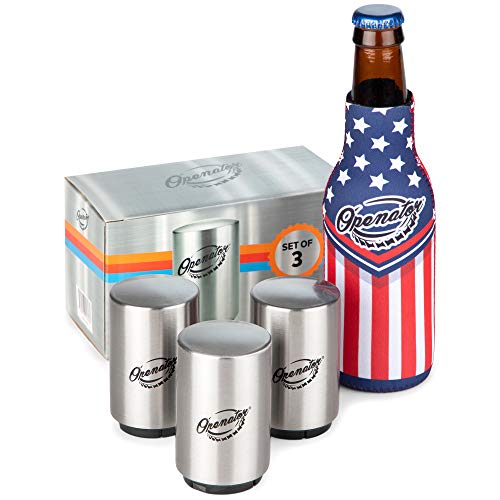 Magnetic Bottle Opener, 3 Pack - Automatic Push Down Beer Openers with Insulated Sleeve - Stainless Steel Magnetic Pop off Easy to use