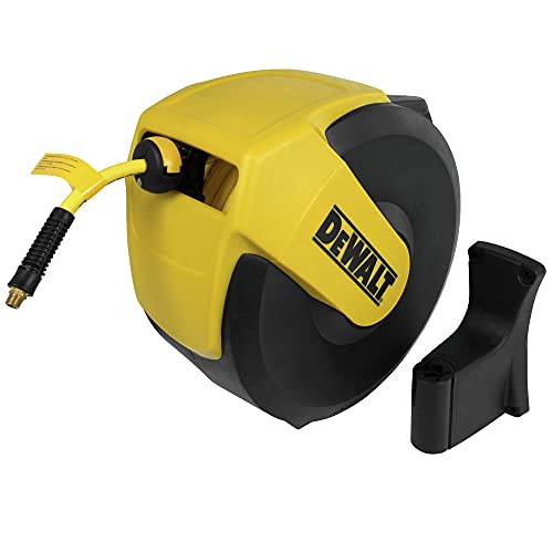DEWALT 3/8 in. x 50 ft. Enclosed Hose Reel with Hybrid Hose, Auto Retraction, Easy Mounting for Air Compressor Use, Ideal for Home Improvement and shops.
