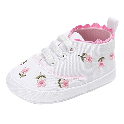 LNGRY Newborn Baby Girls Floral Crib Shoes Soft Sole Anti-Slip Canvas Sneakers (White, 0-6 Months)