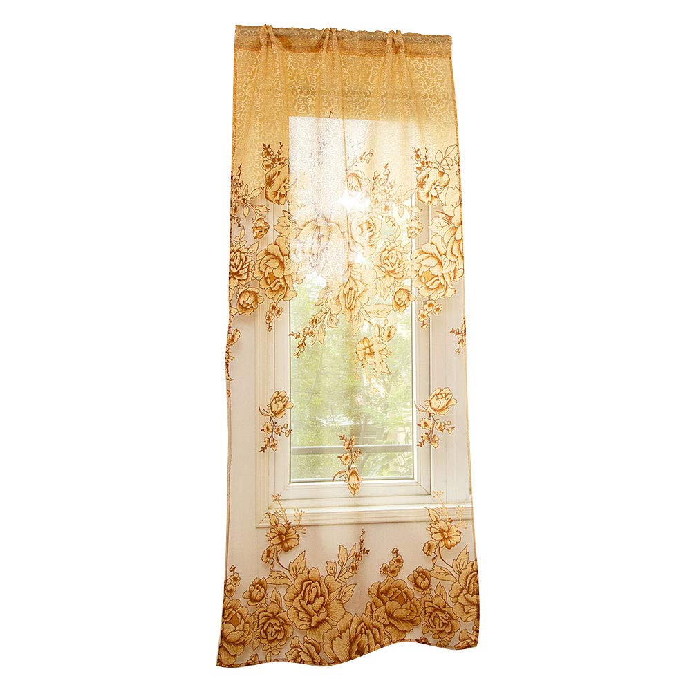 super1798 Modern Luxury Flower Printed Sheer Tulle Voile Curtain Home Door Window Decor (Coffee 1m by 2m)-Single Curtain