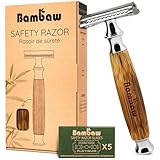 Bambaw Single Blade Safety Razor with 5 Double Edge Blades Made of Swedish Stainless Steel, Reusable Razor Men & Women, Plastic Free Razors Women (Thick Bamboo Silver)