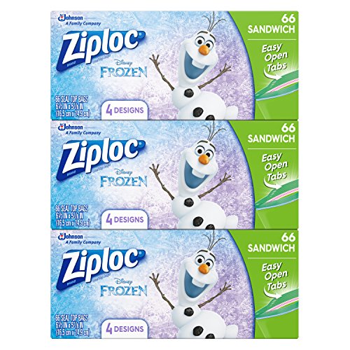 Ziploc Sandwich Bags, Easy Open Tabs, 66 Count, Pack of 3 (198 Total Bags)- Featuring Disney Frozen Designs