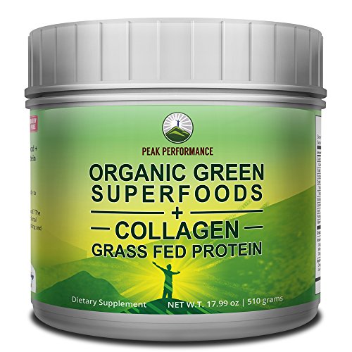Book Cover Peak Performance Organic Greens Superfood Grass Fed Collagen - Ultimate Blend of Best Tasting Organic Green Juice Superfood with Pure Pasture Raised Hydrolyzed Protein Powder. 42+ Greens and Aminos