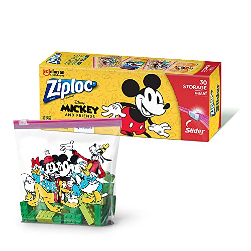 Book Cover Ziploc Quart Food Storage Slider Bags, Power Shield Technology for More Durability, 30 Count, Mickey and Friends Designs