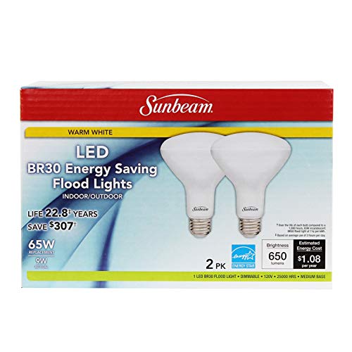 Sunbeam BR30 65W LED Indoor/Outdoor Dimmable Flood Lights 2 PACK, Energy Star, 650 Lumens, 3000K Warm White, use 9 Watt, 65 Replacement/Equivalent