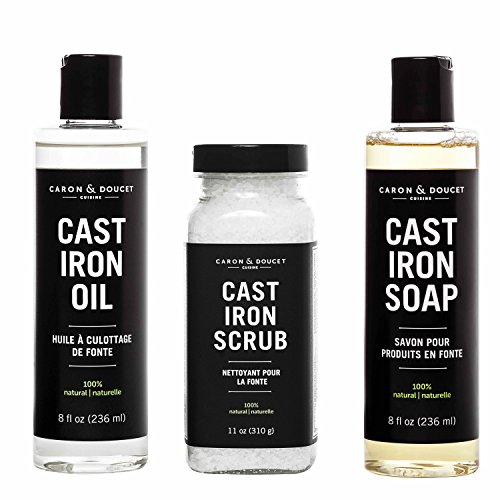 Book Cover Caron Doucet - Cast Iron Seasoning & Conditioning Ultimate Bundle - Cast Iron Oil, Cast Iron Soap & Cast Iron Scrub - 100% Plant Based Formulation - Helps Maintain Seasoning on All Cast Iron Cookware.