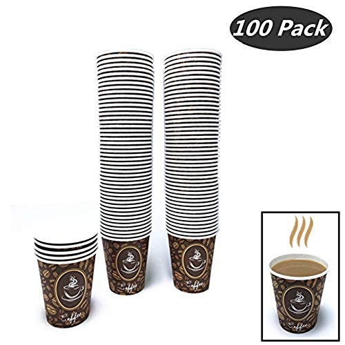 100 Pack Quality Disposable Paper Hot Coffee Cups, Perfect For Hot Drinks Tea & Coffee, Coffee Shops And Bars (8 oz, Coffee Bean Design Hot Cup)