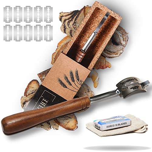 Book Cover Handcrafted Bread Lame Made of Rich Dark Walnut Wood - Superior Handgrip Design for Easy Use & Clean Cuts - Natural Cork Storage Case with 10 Replaceable Quality Blades