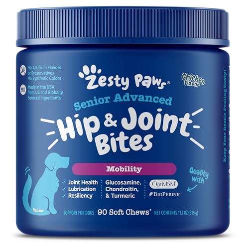 Senior Advanced Glucosamine for Dogs - For Hip & Joint Arthritis Pain Relief - Chondroitin, Turmeric Curcumin & MSM - Mobility Supplement with Green Lipped Mussel & Hyaluronic Acid - 90 Chew Treats