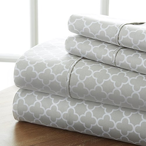 CELINE LINEN Luxury Silky Soft Coziest 1500 Thread Count Egyptian Quality 4-Piece Bed Sheet Set |Quatrefoil Pattern| Wrinkle Free, 100% Hypoallergenic, California King, Grey