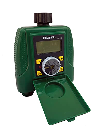 Instapark PWT-7D Outdoor Waterproof Electronic Digital Programmable Dual 2-Outlet Automatic On Off Water Faucet Hose Timer with Rain Delay and Manual Control Green