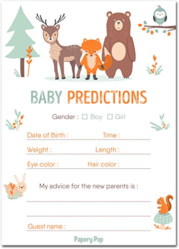 Papery Pop 30 Baby Shower Prediction and Advice Cards, Boy or Girl - Baby Shower Games Decorations Activities Supplies Invitations - Woodland Animals