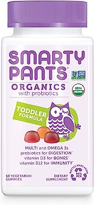 Book Cover SmartyPants Organic Toddler Multivitamin, Daily Gummy Vitamins: Probiotics, Vitamin C, D3, Zinc, & B12 for Immune Support, Energy & Digestive Health, Fruit Flavor, 60 Gummies, 30 Day Supply
