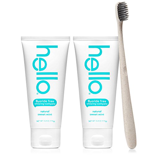 Hello Oral Care Whitening Fluoride Free and SLS Free Toothpaste Twin Pack with Tan BPA-Free Toothbrush, Natural Sweet Mint