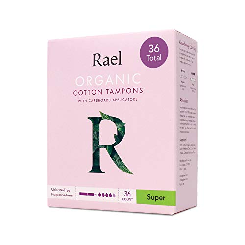 Rael Organic Cardboard Applicator Tampons - Super Absorbency with New Easy Grip Applicator, Unscented, Biodegradable, Chlorine Free, for Sensitive Skin (36ct Total), Pack of 2 (Super)