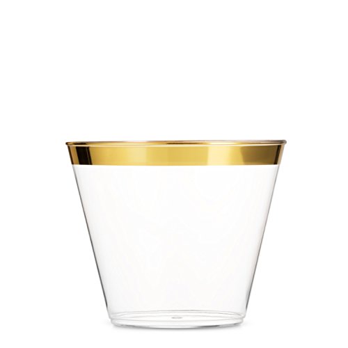 100 Gold Plastic Cups 9 Oz Clear Plastic Cups Old Fashioned Tumblers Gold Rimmed Cups Fancy Disposable Wedding Cups Elegant Party Cups with Gold Rim