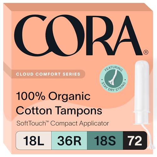Cora Organic Cotton Tampons with BPA-Free Plastic Compact Applicator; Chlorine & Toxin Free - Variety Pack - Light/Regular/Super (72 Count)