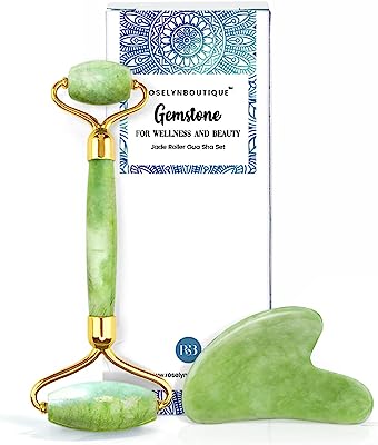 Book Cover ROSELYNBOUTIQUE Jade Roller Gua Sha Facial Tools Set - Beauty Skin Care Face Roller Massager Muscle Relaxing Relieve Wrinkles - Original Natural Stone