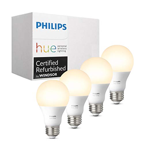 Book Cover Philips Hue White A19 4-Pack 60W Equivalent Dimmable LED Smart Bulb (Compatible with Amazon Alexa  Apple HomeKit and Google Assistant) (Renewed)