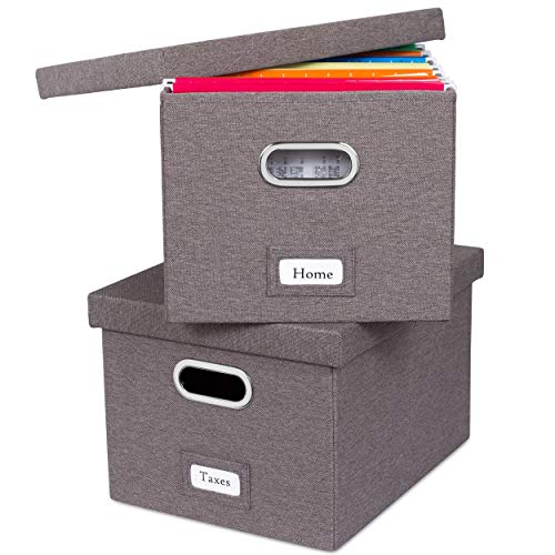 Book Cover Internet's Best Collapsible File Storage Organizer with Lid - Decorative Linen Filing & Storage Office Box â€“ Hanging Letter/Legal Folder â€“ Home Office Bins Cabinet â€“ Grey Container - 2 Pack