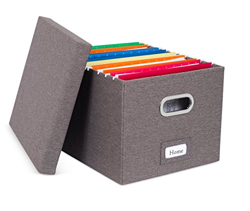 Internet's Best Collapsible File Box Storage Organizer with Lid - Decorative Linen Filing & Storage Office Boxes â€“ Hanging Letter/Legal Folder â€“ Home Office Bins Cabinet â€“ Grey Container - 1 Pack