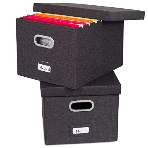 Internet's Best Collapsible File Storage Organizer with Lid - Decorative Linen Filing & Storage Office Box â€“ Hanging Letter/Legal Folder â€“ Home Office Bins Cabinet â€“ Charcoal Container - 2 Pack