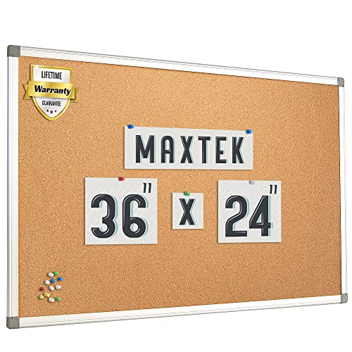 Cork Board Bulletin Board â€“ 36 x 24 Message Board Wall Mounted Pin Board Aluminum Framed, 3' x 2' Notice Board with 12 Pins