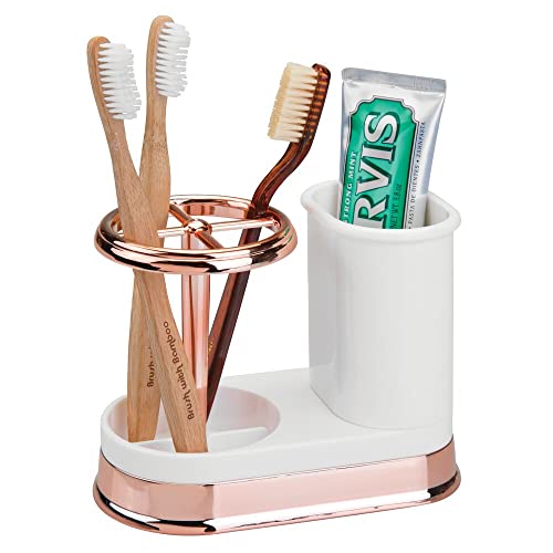 Book Cover mDesign Decorative Bathroom Dental Storage Organizer Holder Stand for Electric Spin Toothbrush/Toothpaste - Compact Design for Countertop and Vanity, Holds 4 Standard Brushes - White/Rose Gold