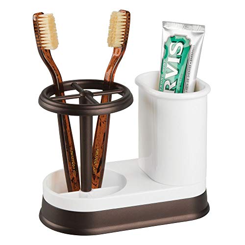 Book Cover mDesign Decorative Bathroom Dental Storage Organizer Holder Stand for Electric Spin Toothbrush/Toothpaste - Compact Design for Countertop and Vanity, Holds 4 Standard Brushes - White/Bronze