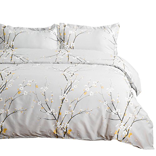 Book Cover Bedsure Duvet Cover Set King Light Grey Plum Blossom Pattern Comforter Cover 3 Pieces(104x90 inches) Soft Microfiber