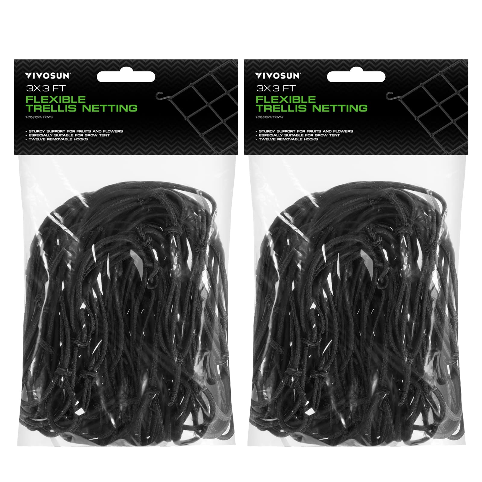 VIVOSUN 2-Pack 3x3FT Elastic Trellis Netting with Hooks for Grow Tents 3x3ft (4x4ft stretched size)-2 pack