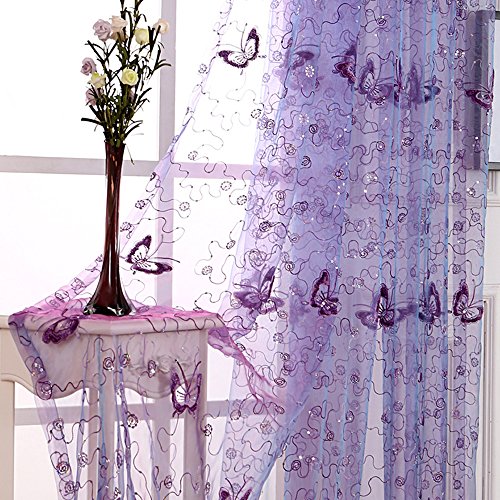 pureaqu Embroidery and Floral Butterfly Sheer Curtains Sequin Rod Pocket Process Voile Curtain/Drape Beautiful Tulle for Kids Balcony 1 Panel Purple W39xH63