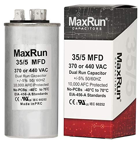 MAXRUN 35+5 MFD uf 370 or 440 Volt VAC Round Dual Run Capacitor for Air Conditioner or Heat Pump - Runs AC Motor and Fan â€“ 5 Year Warranty