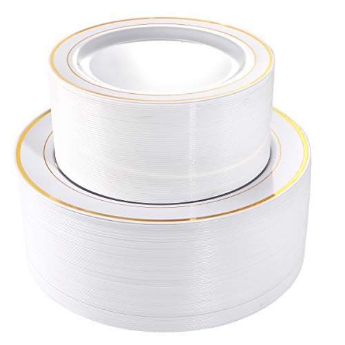 I00000 102 Pieces Gold Plastic Plates, Disposable Party Plates White Gold Rim, 51 Heavy Duty Gold Dinner Plates 10.25 Inch and 51 Disposable Dessert Appetizer Elegant Fancy Wedding Plates 7.5 Inch
