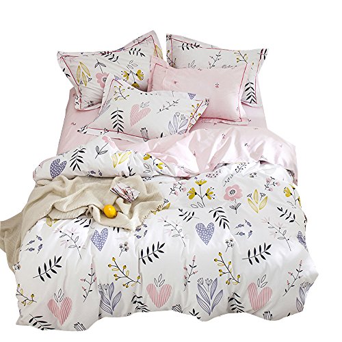 Book Cover OTOB Soft Cartoon Plant Flower Print Girls Twin Bedding Duvet Cover Sets Cotton 100 Percent for Kids Toddler Teen Women Colorful Floral Reversible Teen Bedding Sets Twin Pink