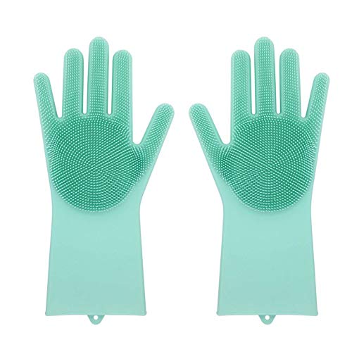 LIVINGENIE 13 Magic SakSak Silicone Brush Scrubber Gloves Heat Resistant, for Dish wash, Cleaning, Pet Hair Care (Mint)
