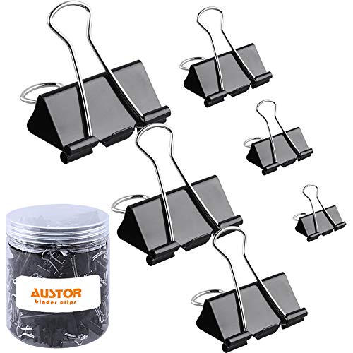 AUSTOR 145 PCS Binder Clips Black Paper Clamps Assorted 6 Sizes Paper Clips with Box for Office, School and Home Supplies