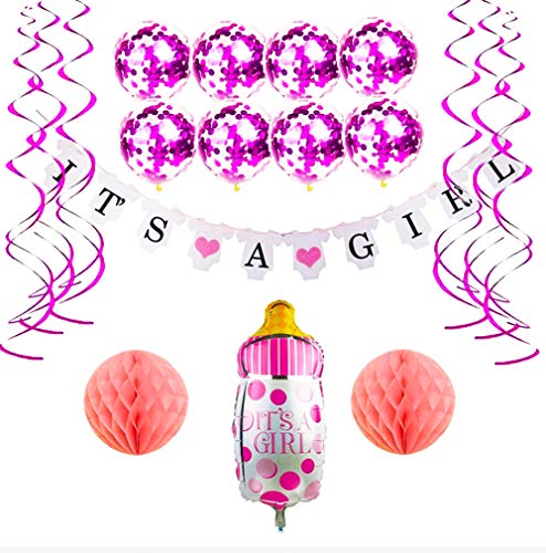 Baby Shower Decorations Girl - It 's a Girl Shower Letter Banner, Pink Confetti Balloons, Foot Shape Balloon, Swirls Hanging, Honeycomb Paper Ball, Easy to Decor for Princess Shower Party