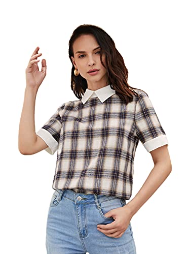 Romwe Women's Cute Contrast Collar Short Sleeve Casual Work Blouse Tops