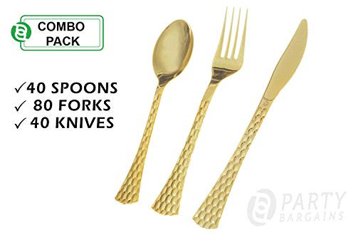 Book Cover Gold Plastic Silverware Set | Assorted Solid Plastic Cutlery Disposable Flatware | Perfect for Weddings, Dining and Parties | Includes 80 Forks, 40 Spoons & 40 Knives | 160 Count